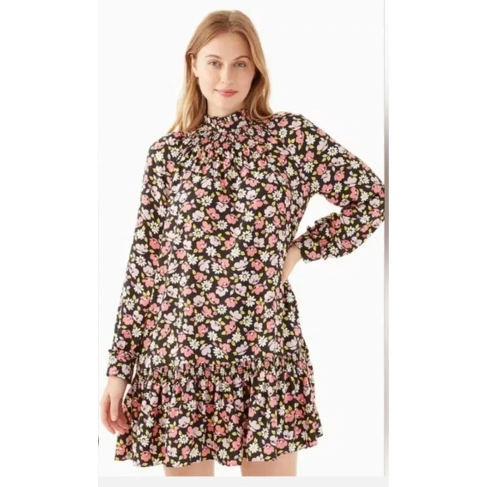 Kate Spade Road Trip Floral Smocked High Neck‎ Drop Waist Mini Dress Black XL